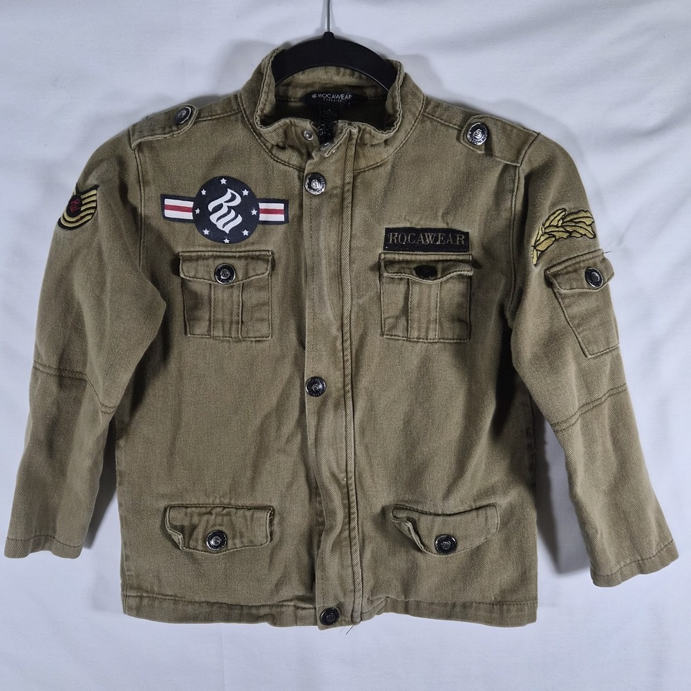 Y2k Rocawear Kids Size 6 Military Field Jacket Olive Green Patches Y2K Hip Hop